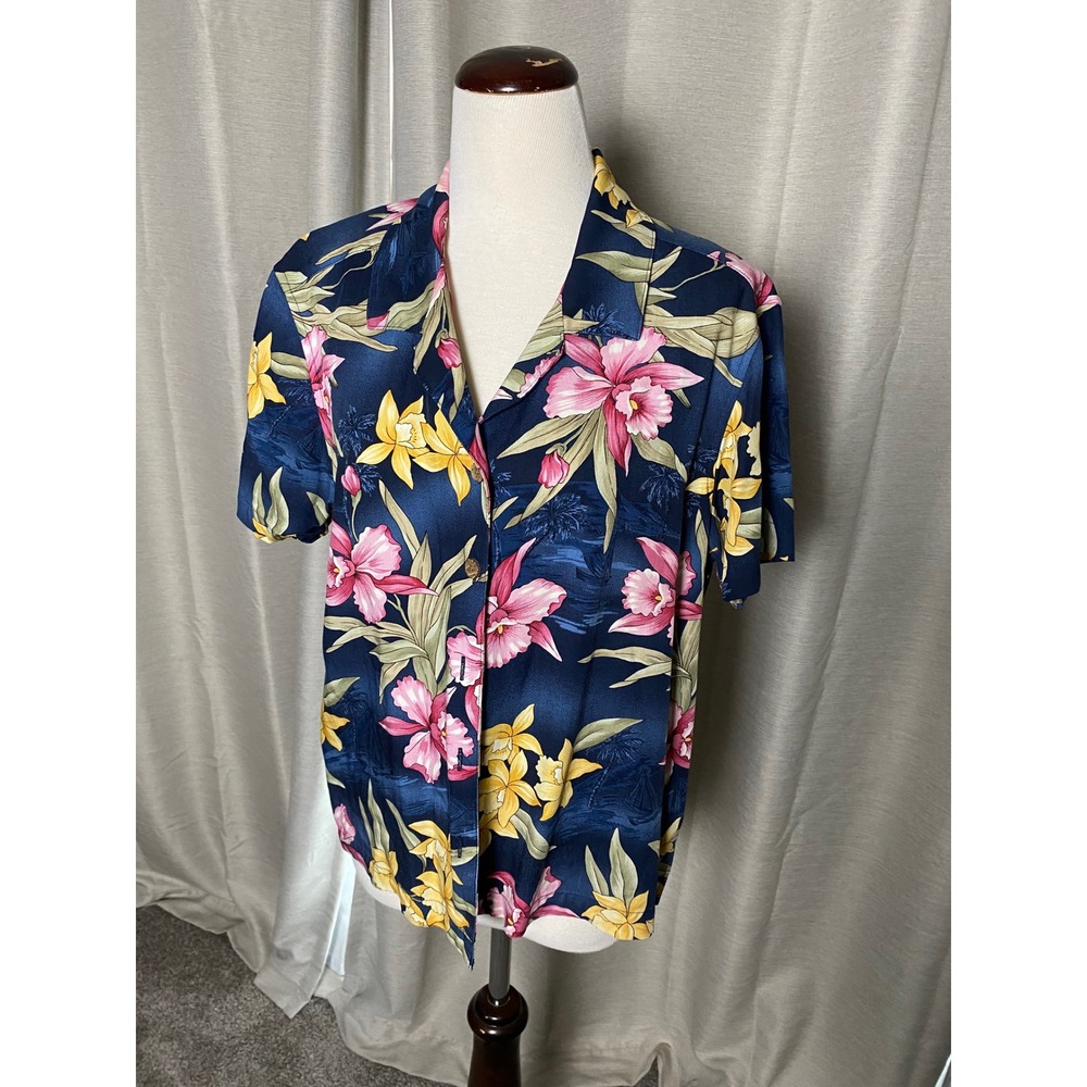 Vintage 90s La Cabana Hawaiian Shirt Womens PXL Navy Blue Floral Rayon Tropical
